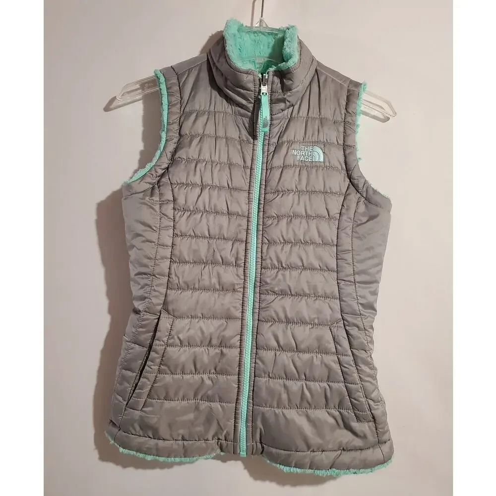 The North Face Mossbud Swirl Quilted Reversible Vest Girls Size M Gray Turquoise